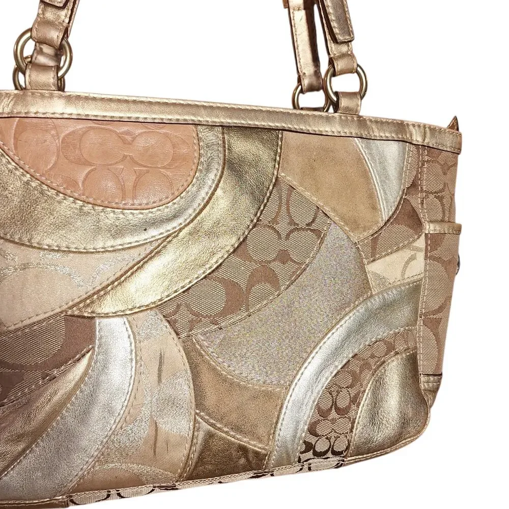 Coach Y2K Vintage Gold Metallic Mosaic Patchwork Signature Tote gold leather